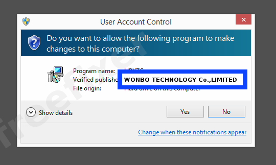 Screenshot where WONBO TECHNOLOGY Co.,LIMITED appears as the verified publisher in the UAC dialog